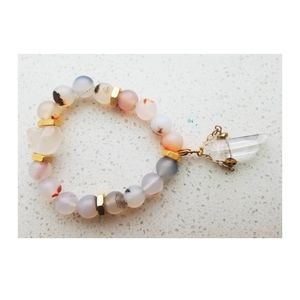 Crystal Skull and Agate Stretch Bracelet with Quartz Charm